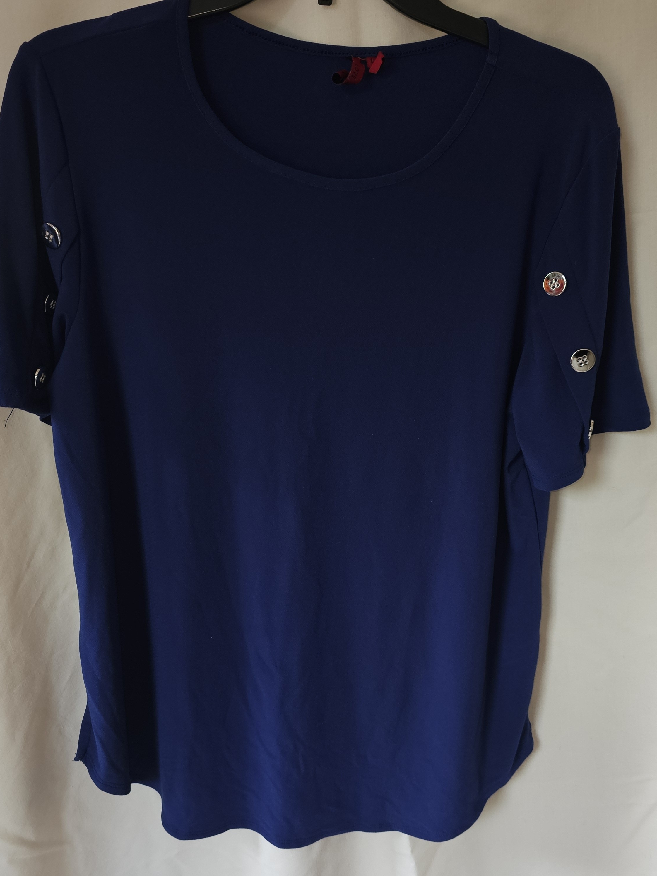 Women's Royal Blue Scoop Neck Button-Accent Short Sleeve Blouse